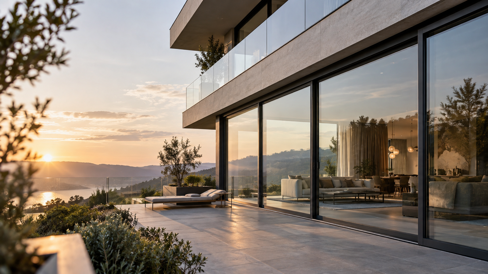 Contemporary residence with slim aluminum window and door systems